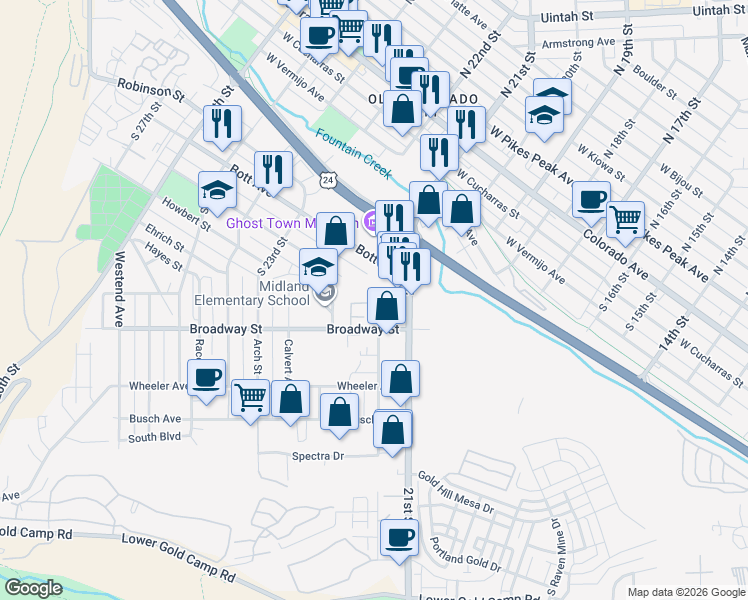 map of restaurants, bars, coffee shops, grocery stores, and more near 2197 Baltimore Circle in Colorado Springs