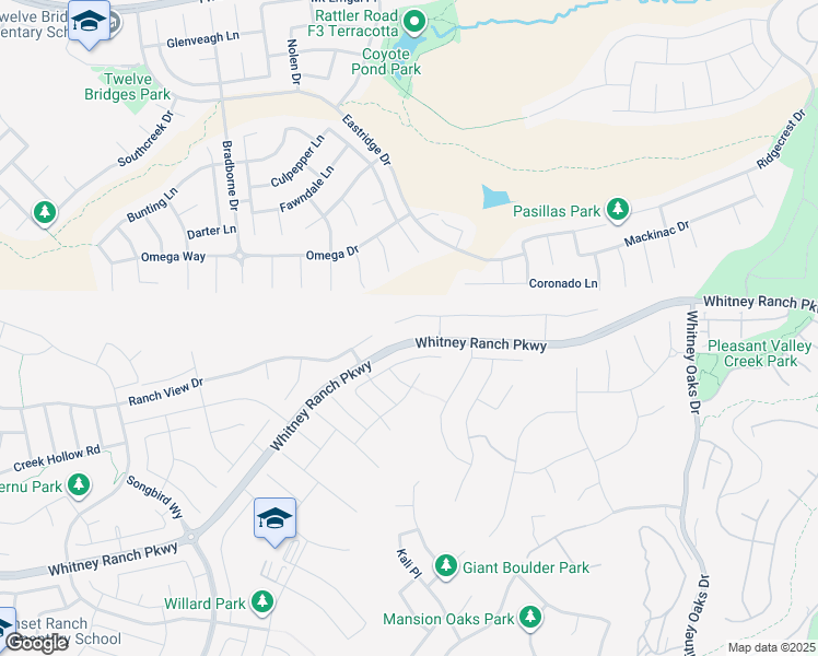 map of restaurants, bars, coffee shops, grocery stores, and more near Whitney Ranch Parkway in Rocklin