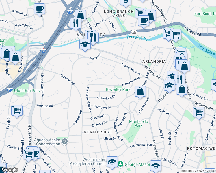 map of restaurants, bars, coffee shops, grocery stores, and more near 712 North Overlook Drive in Alexandria