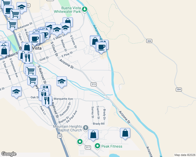 map of restaurants, bars, coffee shops, grocery stores, and more near 104 River Run Drive in Buena Vista