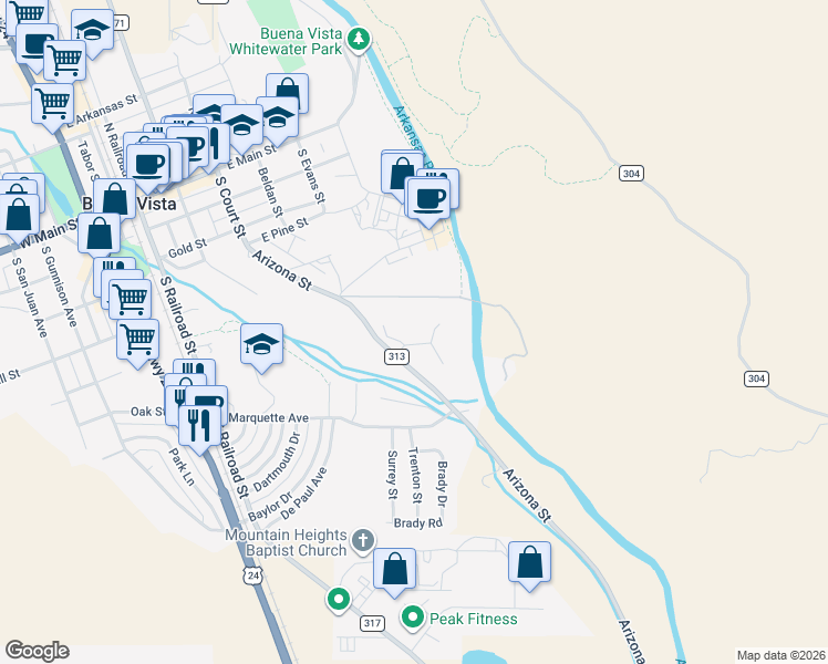 map of restaurants, bars, coffee shops, grocery stores, and more near 104 River Run Drive in Buena Vista