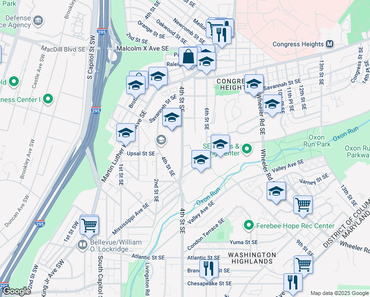 map of restaurants, bars, coffee shops, grocery stores, and more near 401 Woodcrest Drive Southeast in Washington