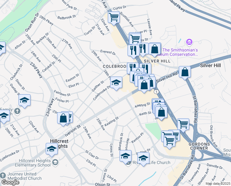 map of restaurants, bars, coffee shops, grocery stores, and more near 2720 Iverson Street in Temple Hills