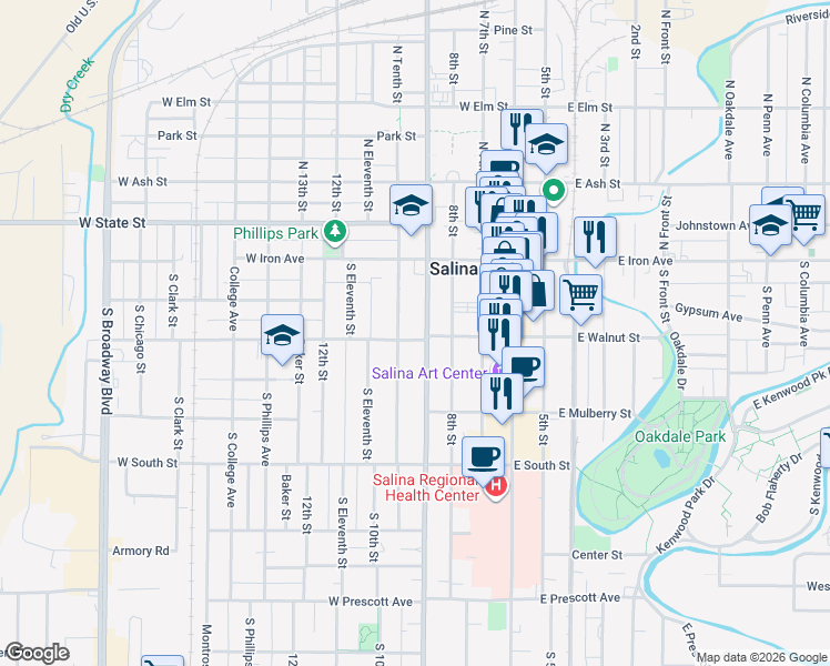 map of restaurants, bars, coffee shops, grocery stores, and more near 315 West Walnut Street in Salina