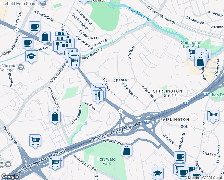 map of restaurants, bars, coffee shops, grocery stores, and more near 2949 South Columbus Street in Arlington
