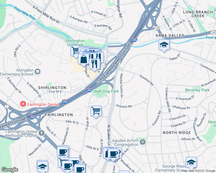 map of restaurants, bars, coffee shops, grocery stores, and more near 2800 South Stafford Street in Arlington