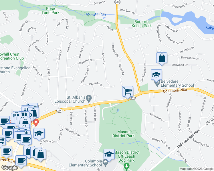 map of restaurants, bars, coffee shops, grocery stores, and more near 6704 Capstan Drive in Annandale