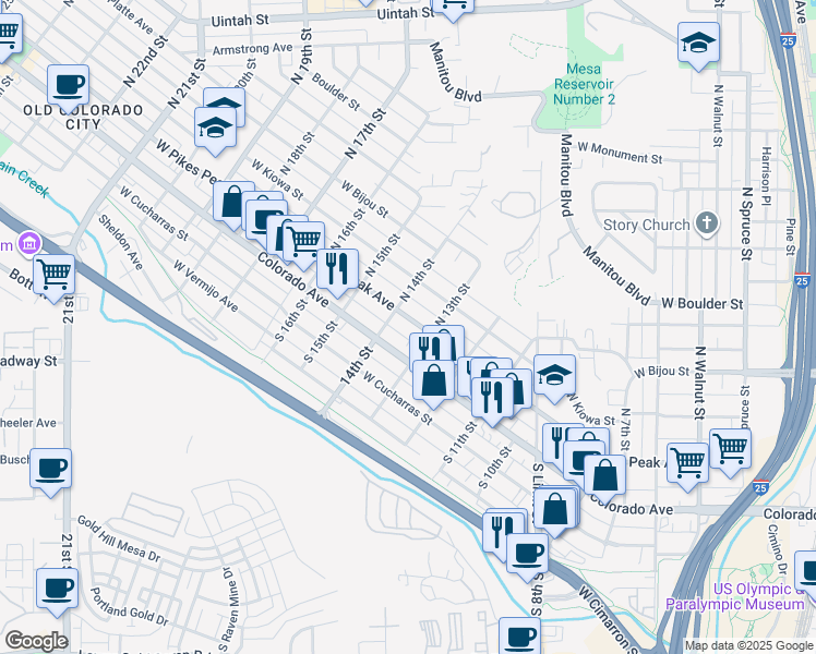 map of restaurants, bars, coffee shops, grocery stores, and more near 1308 Colorado Avenue in Colorado Springs