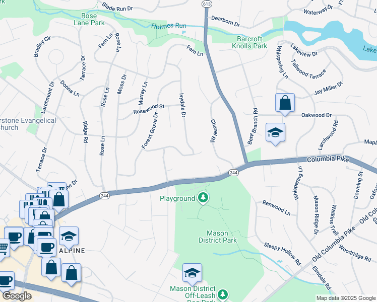 map of restaurants, bars, coffee shops, grocery stores, and more near 6704 Capstan Drive in Annandale