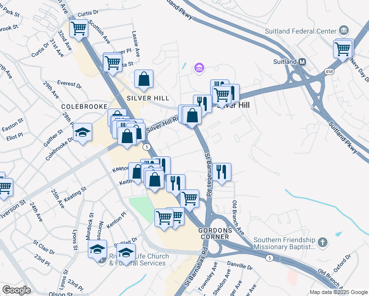 map of restaurants, bars, coffee shops, grocery stores, and more near 3701 Saint Barnabas Road in Hillcrest Heights