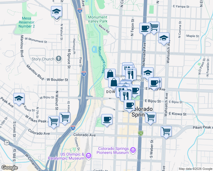map of restaurants, bars, coffee shops, grocery stores, and more near 30 Boulder Crescent Street in Colorado Springs