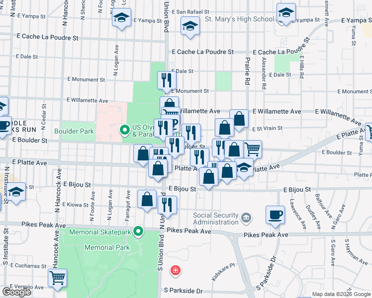 map of restaurants, bars, coffee shops, grocery stores, and more near 326 Bonfoy Avenue in Colorado Springs