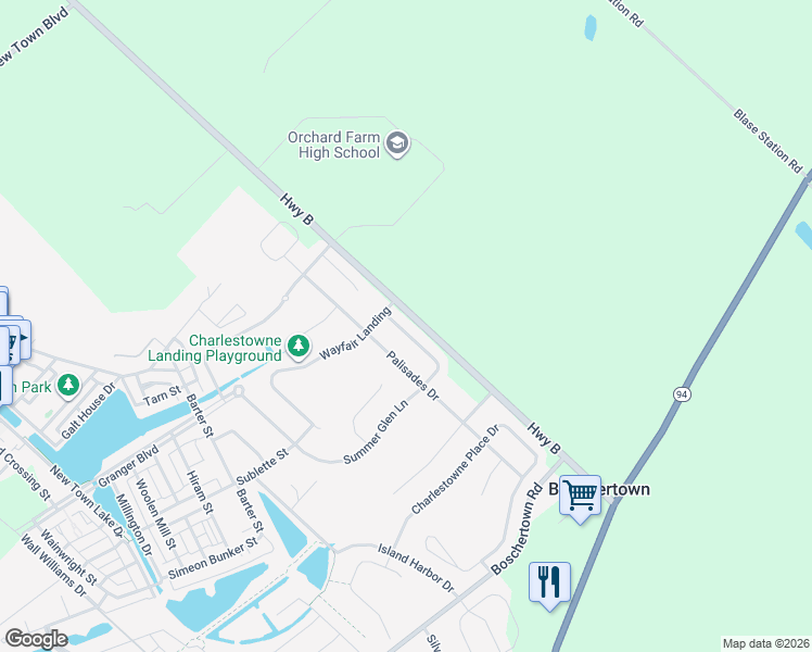 map of restaurants, bars, coffee shops, grocery stores, and more near 624 Palisades Drive in Saint Charles