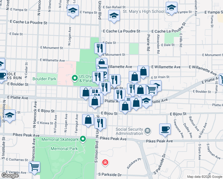 map of restaurants, bars, coffee shops, grocery stores, and more near 326 Bonfoy Avenue in Colorado Springs