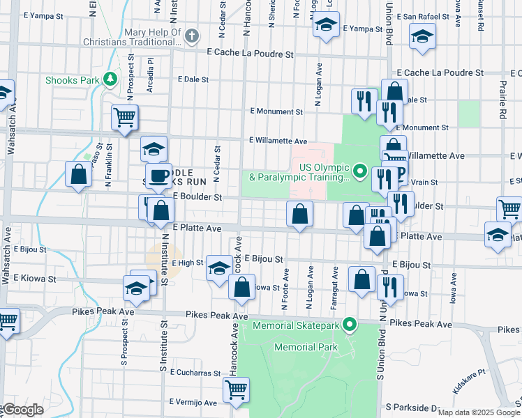 map of restaurants, bars, coffee shops, grocery stores, and more near 313 North Sheridan Avenue in Colorado Springs