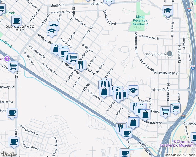 map of restaurants, bars, coffee shops, grocery stores, and more near 1308 Colorado Avenue in Colorado Springs