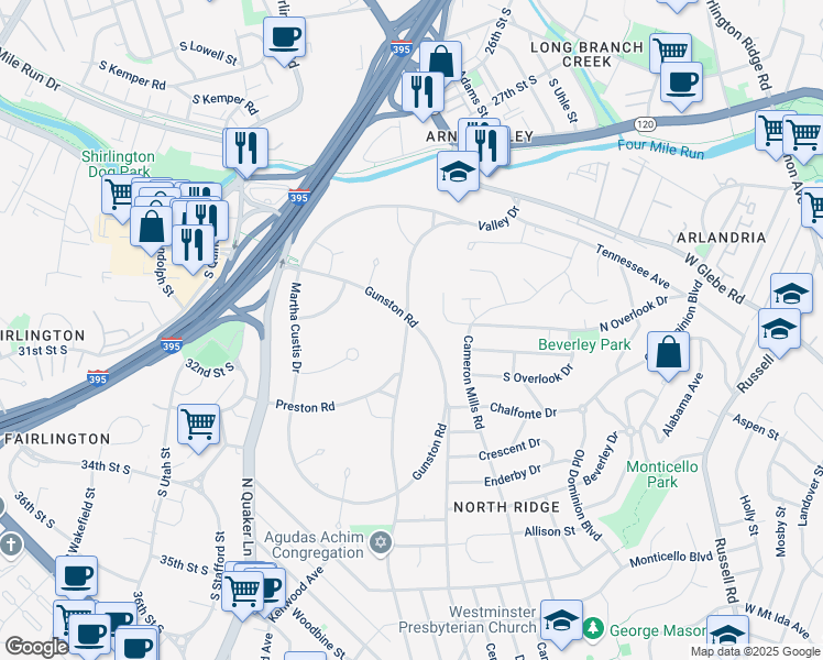 map of restaurants, bars, coffee shops, grocery stores, and more near 3527 Valley Drive in Alexandria