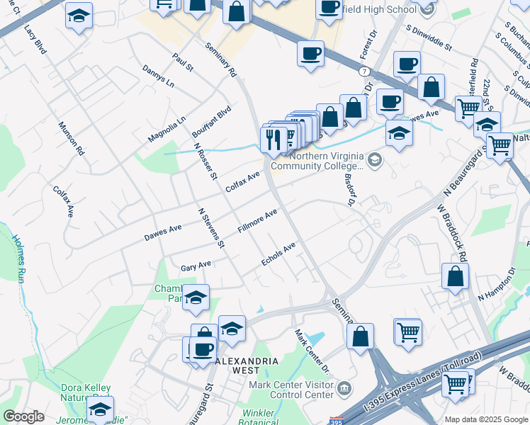 map of restaurants, bars, coffee shops, grocery stores, and more near 5343 Fillmore Avenue in Alexandria