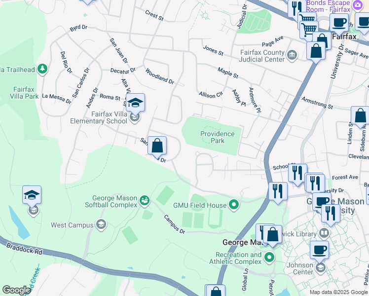 map of restaurants, bars, coffee shops, grocery stores, and more near 10827 Santa Clara Drive in Fairfax