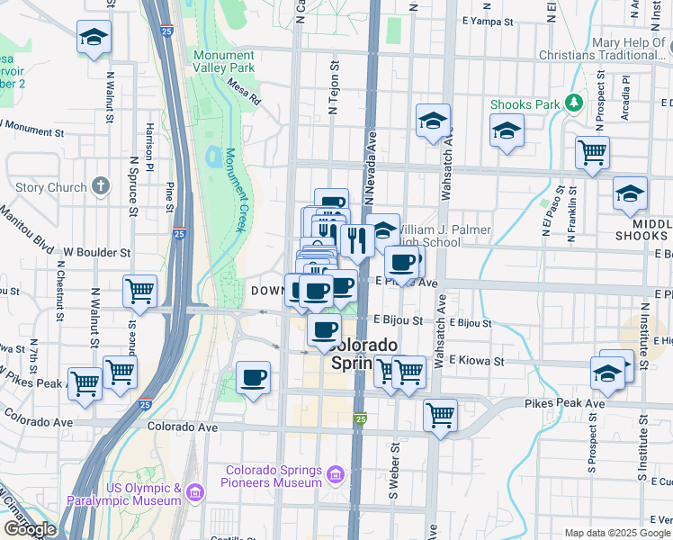 map of restaurants, bars, coffee shops, grocery stores, and more near 104 East Platte Avenue in Colorado Springs