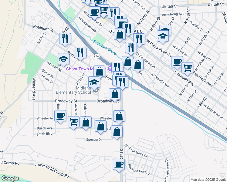 map of restaurants, bars, coffee shops, grocery stores, and more near 2197 Baltimore Circle in Colorado Springs