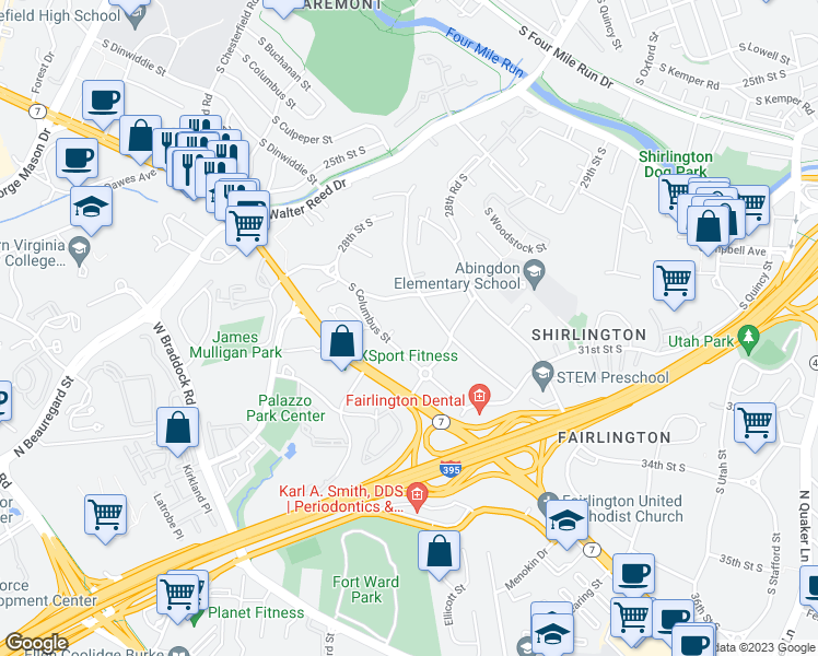 map of restaurants, bars, coffee shops, grocery stores, and more near 2900 South Buchanan Street in Arlington