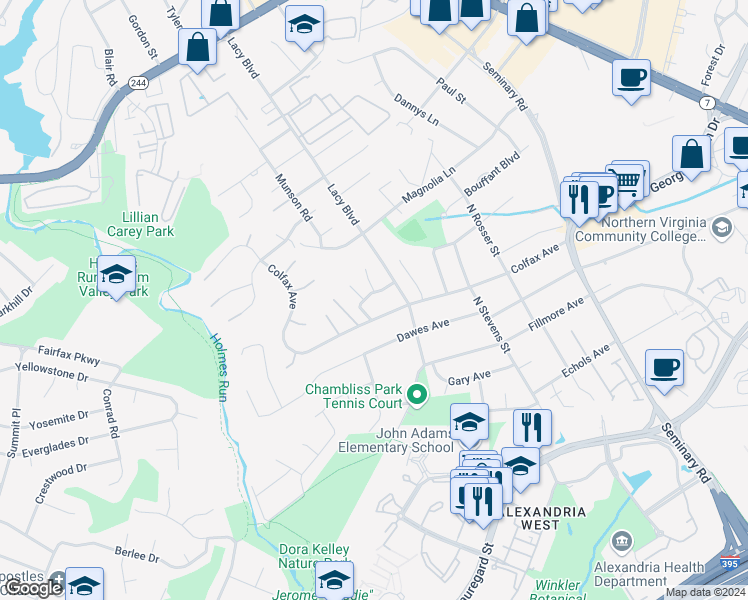 map of restaurants, bars, coffee shops, grocery stores, and more near 5723 Clarence Avenue in Alexandria