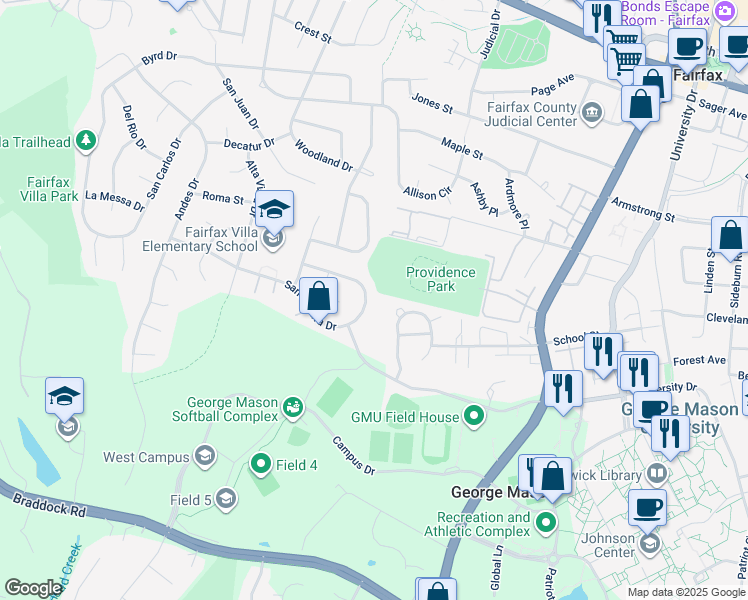 map of restaurants, bars, coffee shops, grocery stores, and more near 10827 Santa Clara Drive in Fairfax