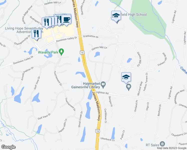 map of restaurants, bars, coffee shops, grocery stores, and more near 5417 Bowers Hill Drive in Haymarket