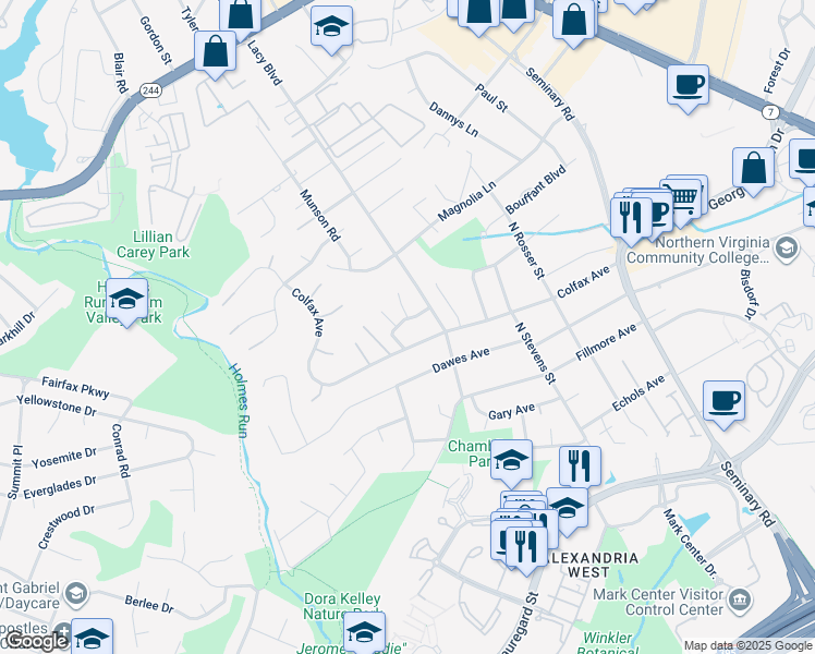 map of restaurants, bars, coffee shops, grocery stores, and more near 5723 Clarence Avenue in Alexandria