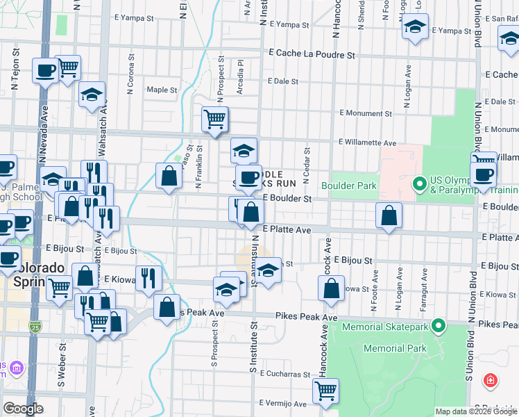 map of restaurants, bars, coffee shops, grocery stores, and more near 309 North Institute Street in Colorado Springs