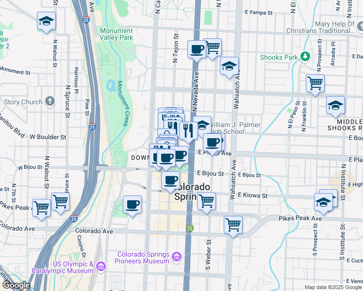map of restaurants, bars, coffee shops, grocery stores, and more near 104 East Platte Avenue in Colorado Springs
