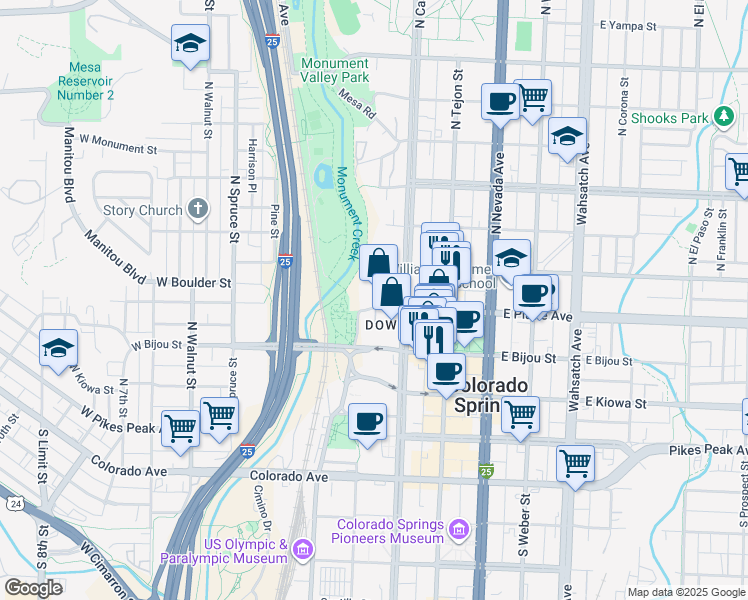 map of restaurants, bars, coffee shops, grocery stores, and more near 9 Boulder Court in Colorado Springs