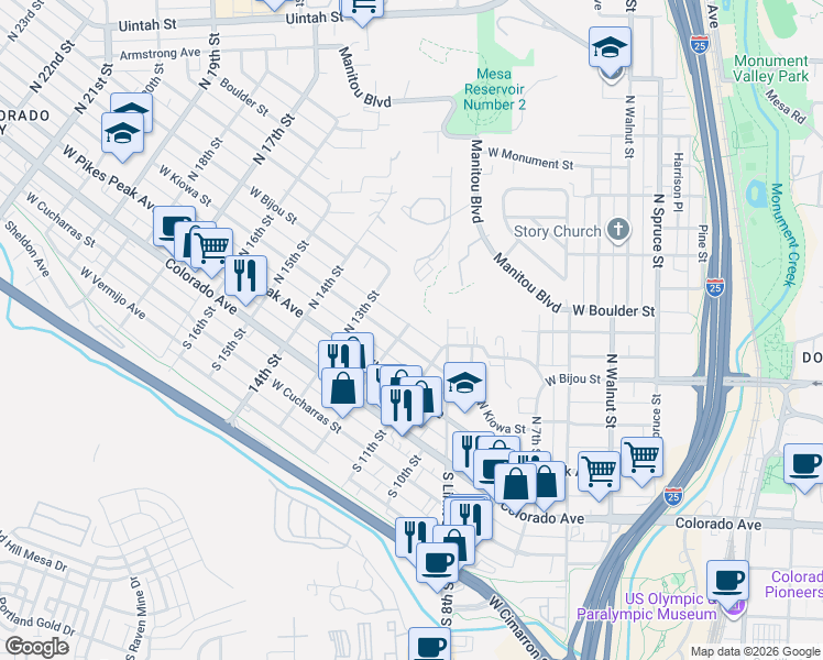 map of restaurants, bars, coffee shops, grocery stores, and more near 1129 West Kiowa Street in Colorado Springs