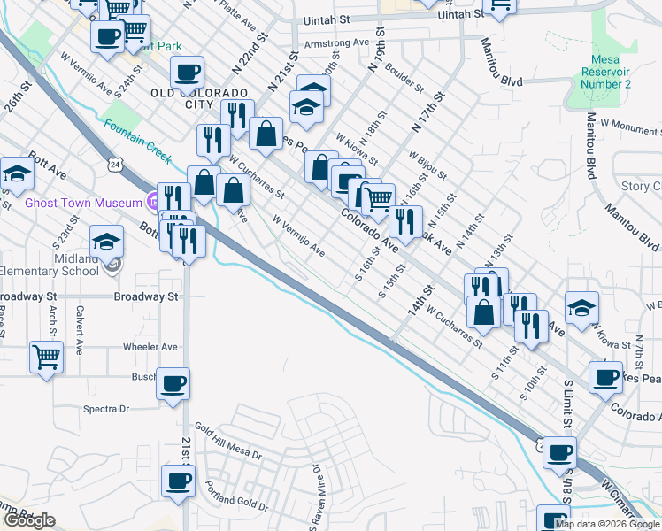 map of restaurants, bars, coffee shops, grocery stores, and more near 1609 West Vermijo Avenue in Colorado Springs
