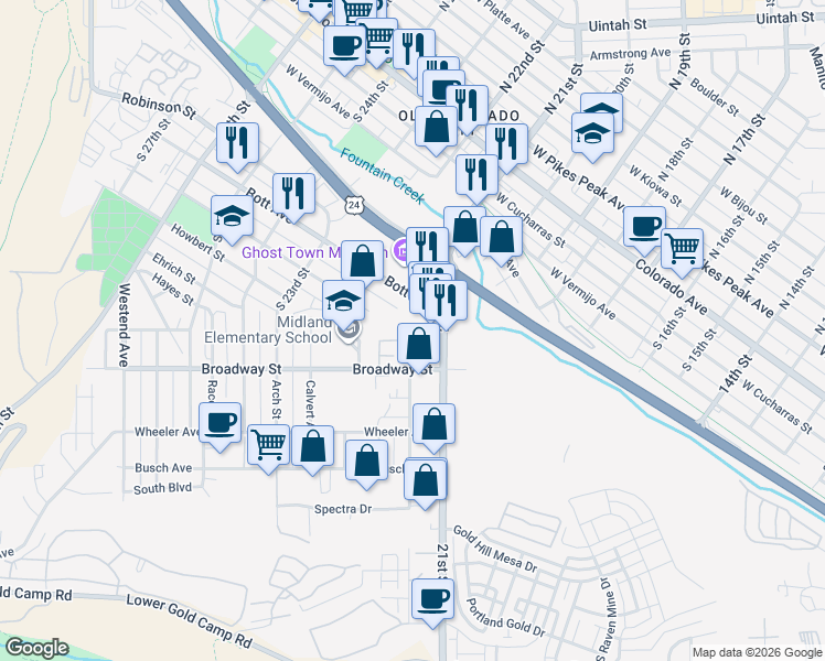 map of restaurants, bars, coffee shops, grocery stores, and more near 2197 Baltimore Circle in Colorado Springs