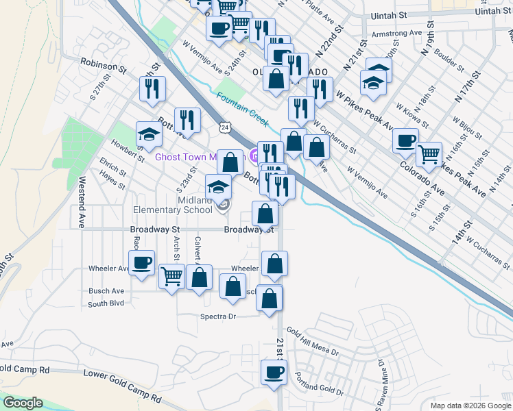 map of restaurants, bars, coffee shops, grocery stores, and more near 2197 Baltimore Circle in Colorado Springs