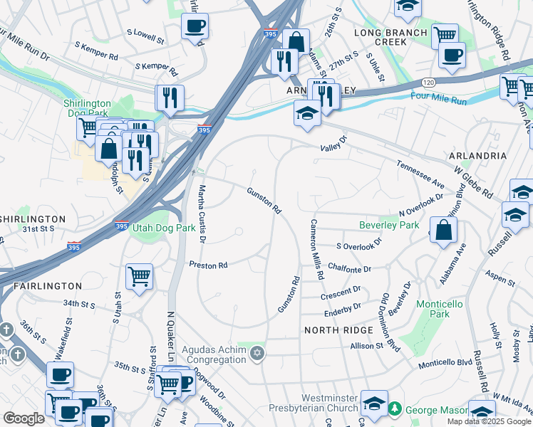map of restaurants, bars, coffee shops, grocery stores, and more near 3528 Valley Drive in Alexandria