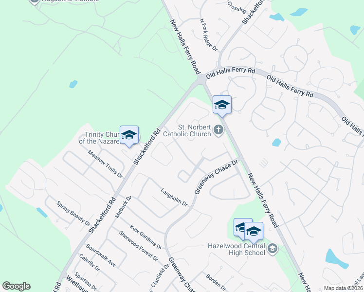 map of restaurants, bars, coffee shops, grocery stores, and more near 1581 Barkwood Drive in Florissant