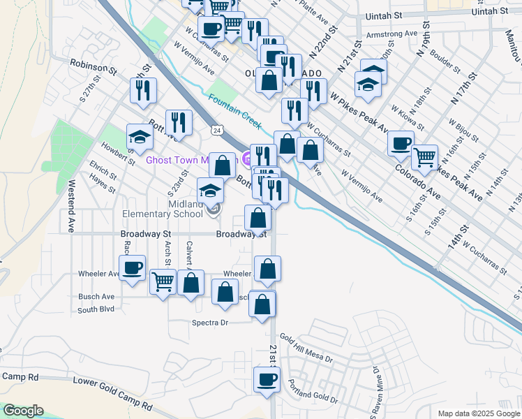 map of restaurants, bars, coffee shops, grocery stores, and more near 2197 Baltimore Circle in Colorado Springs