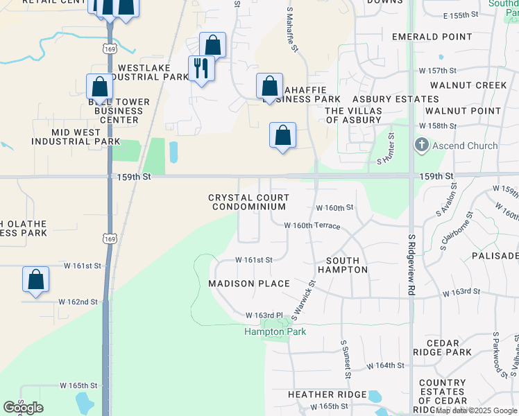 map of restaurants, bars, coffee shops, grocery stores, and more near 15946 South Skyview Lane in Olathe