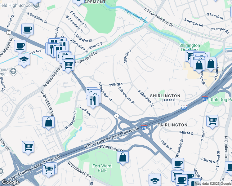 map of restaurants, bars, coffee shops, grocery stores, and more near 2918 South Buchanan Street in Arlington