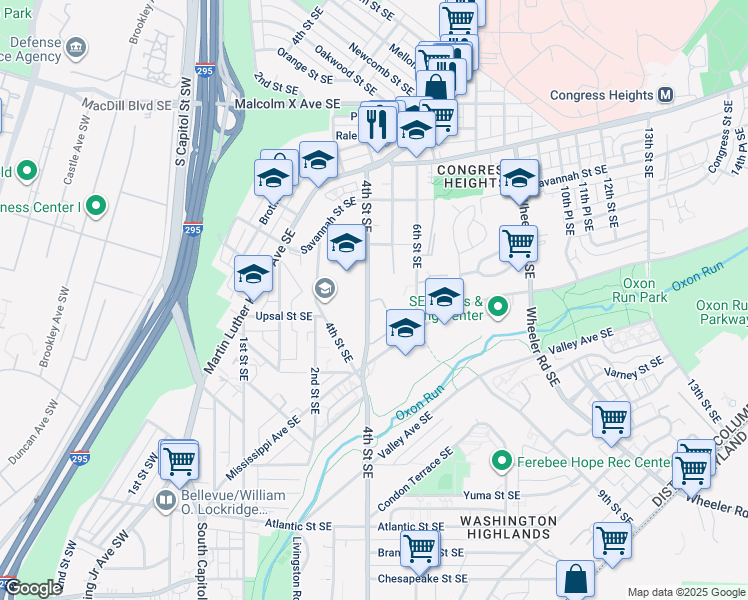 map of restaurants, bars, coffee shops, grocery stores, and more near 418 Woodcrest Drive Southeast in Washington