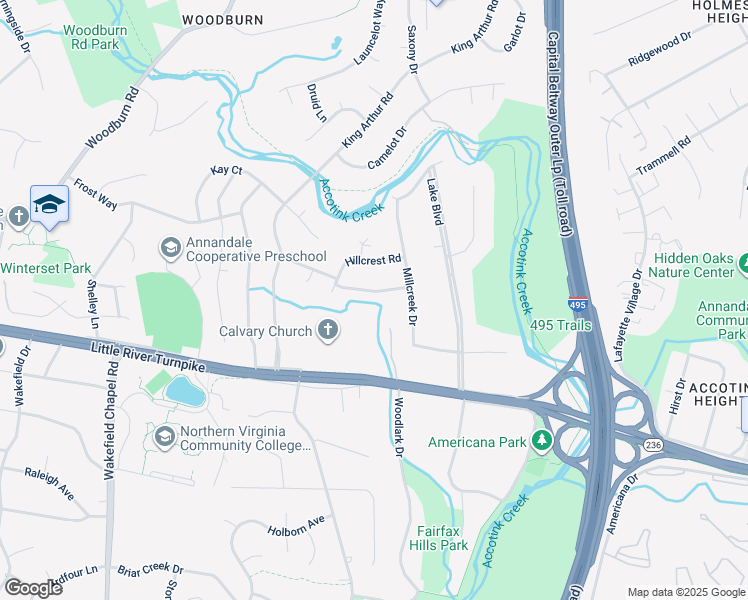map of restaurants, bars, coffee shops, grocery stores, and more near 8207 Woodland Avenue in Annandale