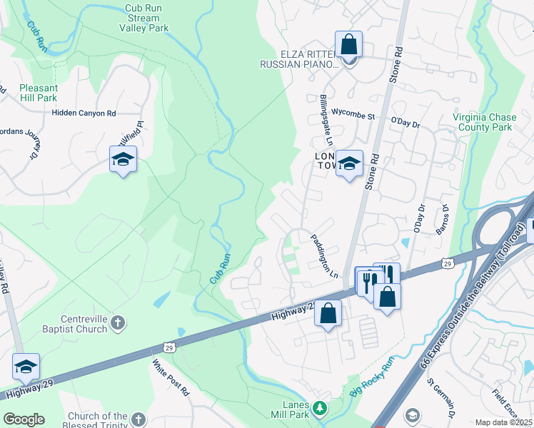 map of restaurants, bars, coffee shops, grocery stores, and more near 14891 Lambeth Square in Centreville