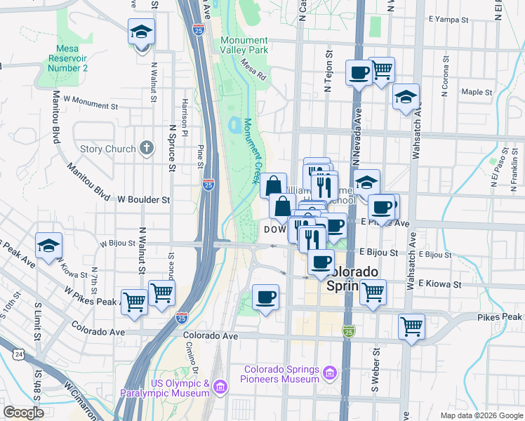 map of restaurants, bars, coffee shops, grocery stores, and more near 8 Westview Place in Colorado Springs