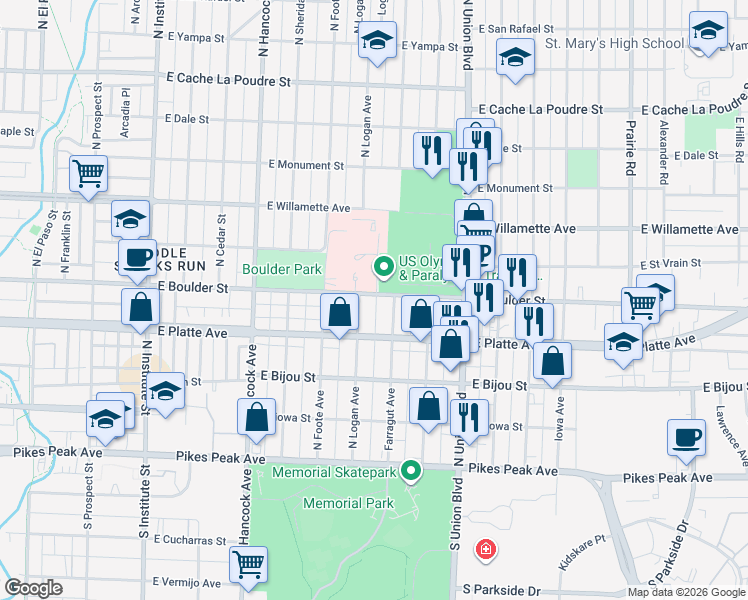 map of restaurants, bars, coffee shops, grocery stores, and more near 308 North Logan Avenue in Colorado Springs