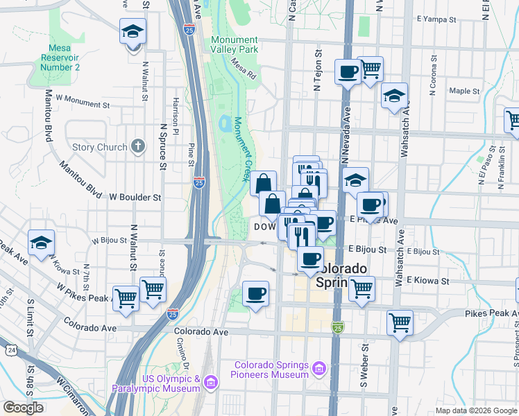 map of restaurants, bars, coffee shops, grocery stores, and more near 20 Boulder Crescent Street in Colorado Springs