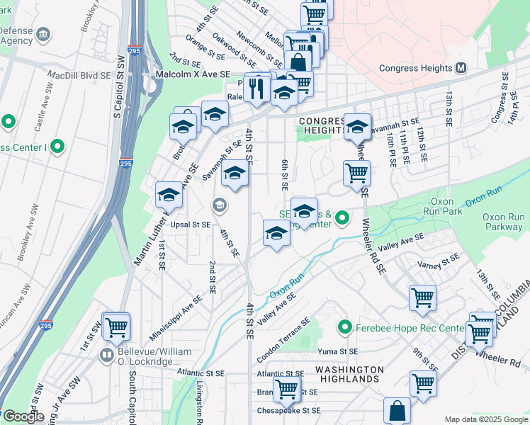 map of restaurants, bars, coffee shops, grocery stores, and more near 418 Woodcrest Drive Southeast in Washington