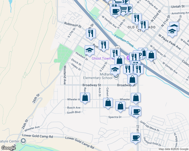 map of restaurants, bars, coffee shops, grocery stores, and more near 1035 Market Street in Colorado Springs